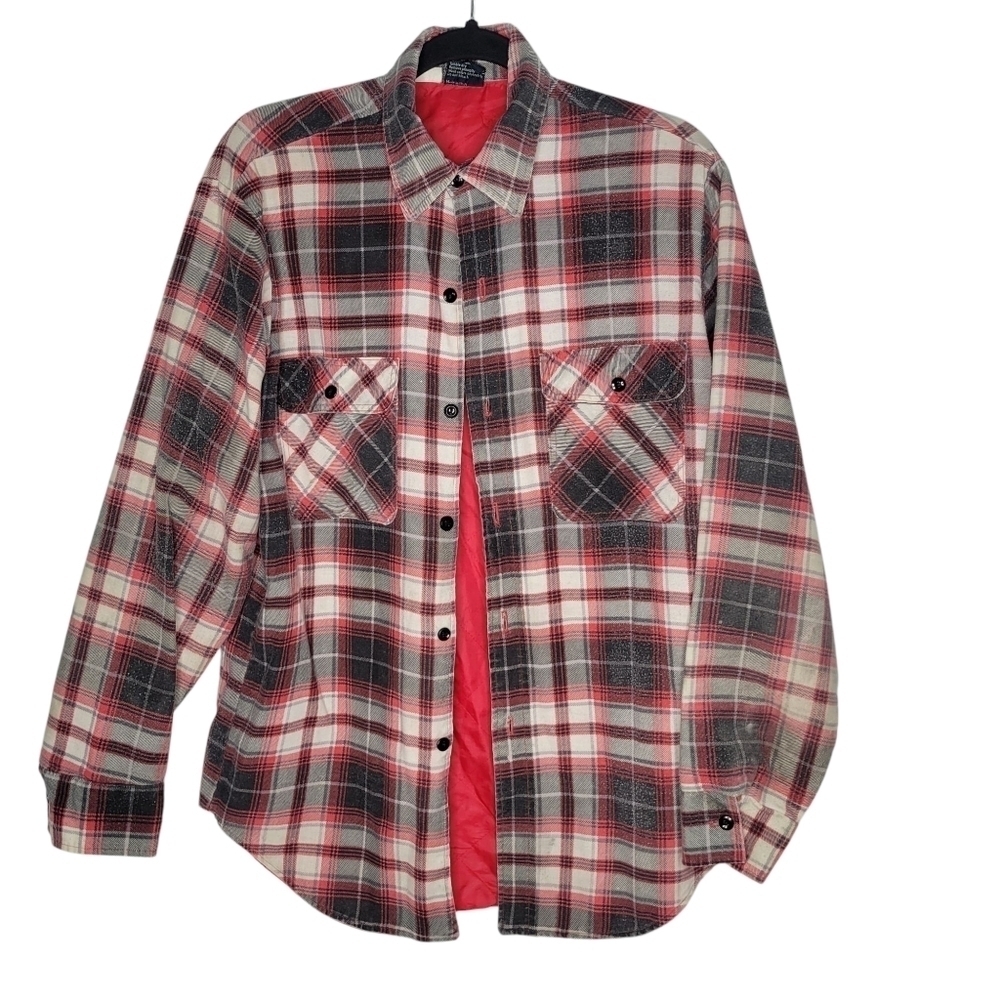 Vintage 90s JCPenney Quilted Lined Flannel Red Plaid Men's XL Distressed Button